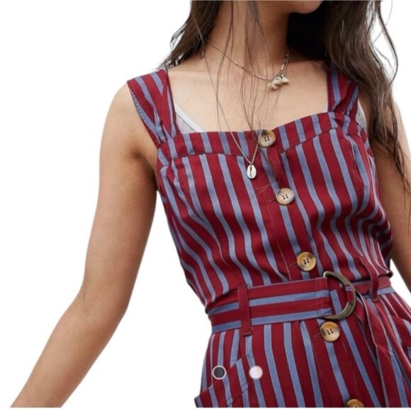 Free People City Girl Striped Red & Blue Wide-Leg Jumpsuit Button-Front Size 2 - Picture 2 of 14